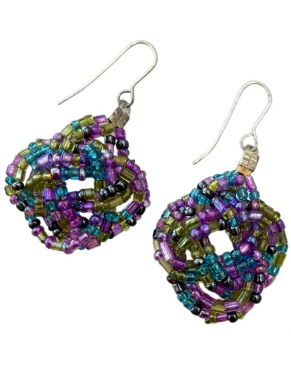 Vintage Beaded Earrings Handmade Flower Dangle Wire Coquette Blue Purple Rose